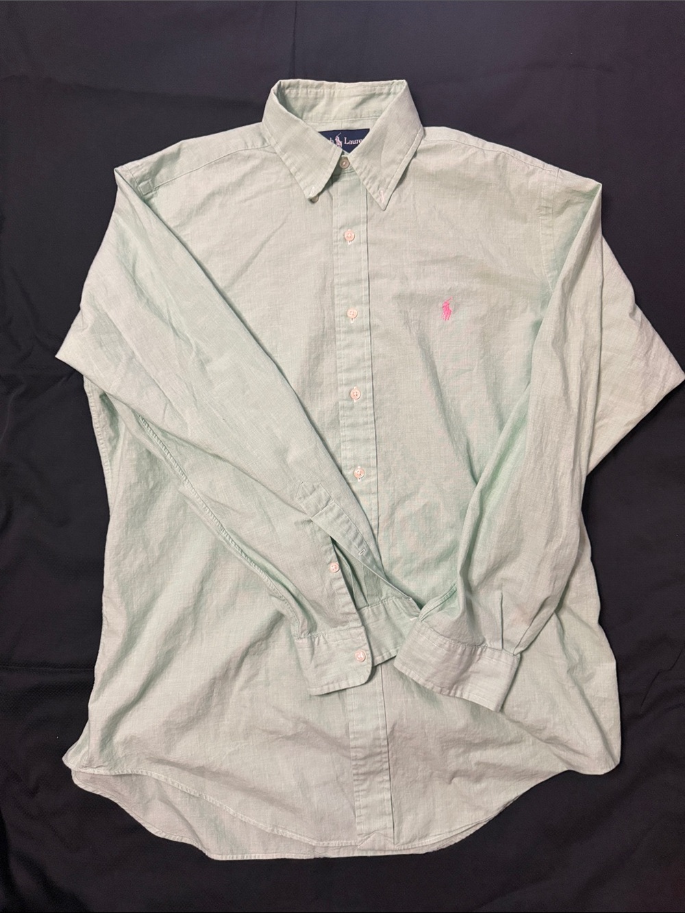 Ralph Lauren Mint Green Button-Down Shirt with Pink Logo